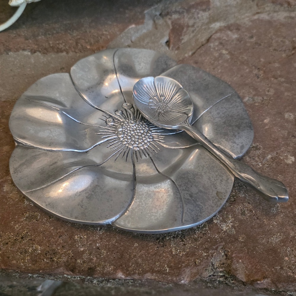 Hacienda Real Mexican Pewter Poppy Flower Dish and Spoon Hand Polished Trinket